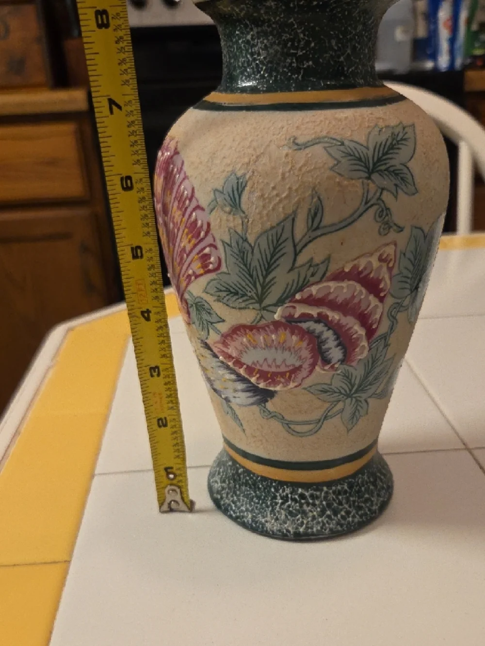 Hand-Painted Floral Ceramic Vase in Cream and Green. Vintage Japanese Moriage.